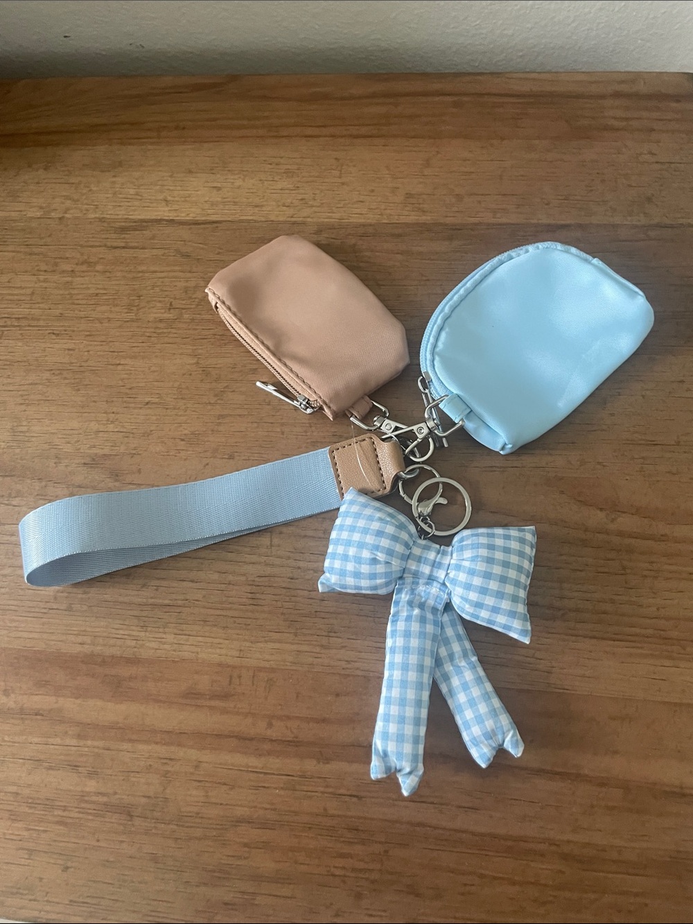 Blue Bow Keychain Wristlet with Pouches